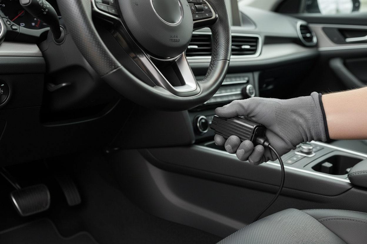 OBD connector connecting to a car computer under the steering wheel